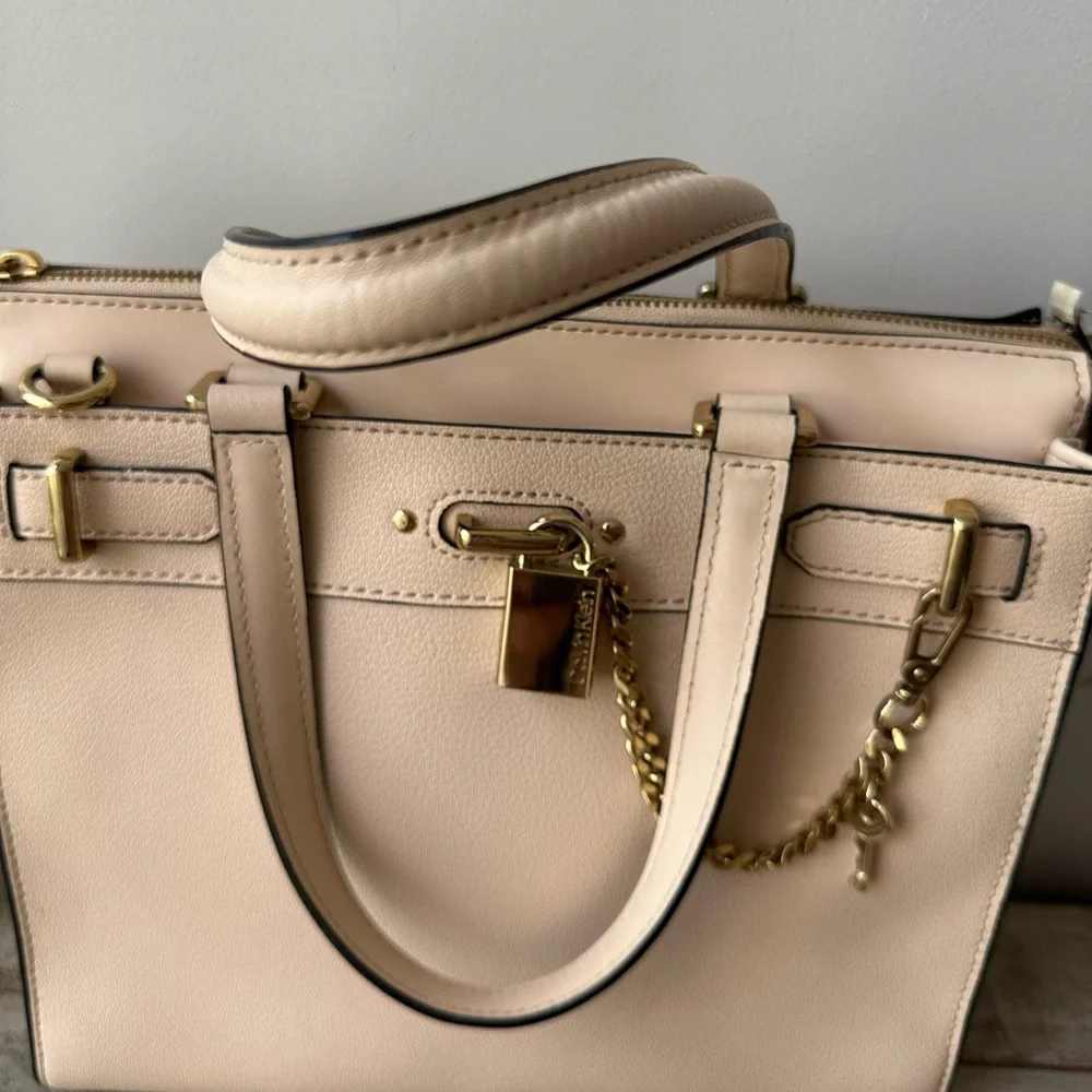 Calvin Klein Cream Roxy Leather Tote Crossbody Bag with Gold Accents